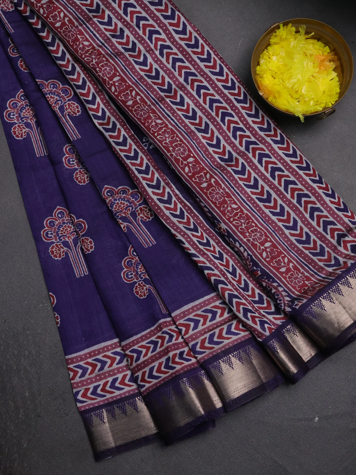 Semi Maheshwari Cotton Saree - Navy Blue